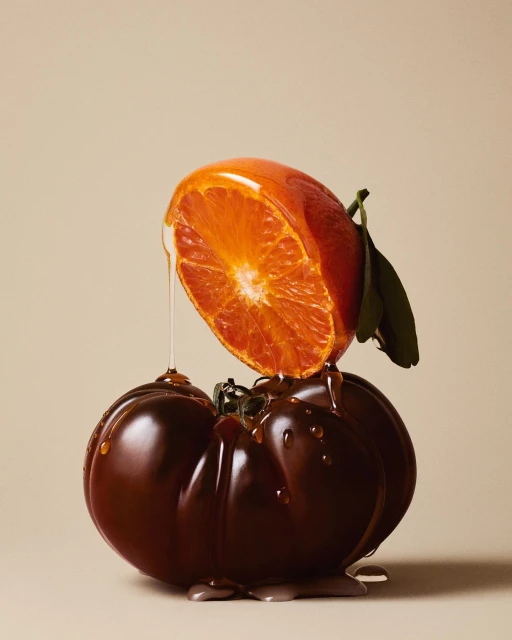 Still life shot of a halved orange resting atop a dark brown tomato, both glazed with honey, set against a neutral-toned background.