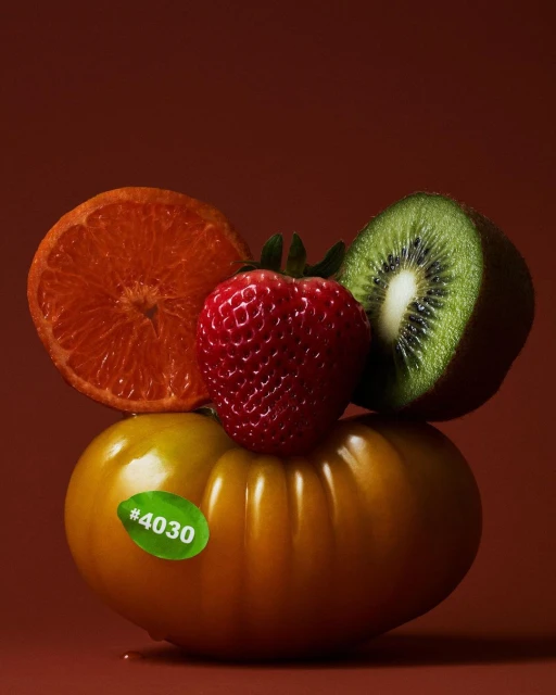 Still life photography of fresh produce including a sliced orange, kiwi, strawberry, and yellow tomato, set against a dark reddish-brown background.