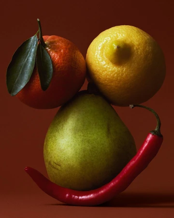 Still life photography featuring a lemon, tangerine with leaves, pear, and chili pepper creatively stacked against a dark orange backdrop.