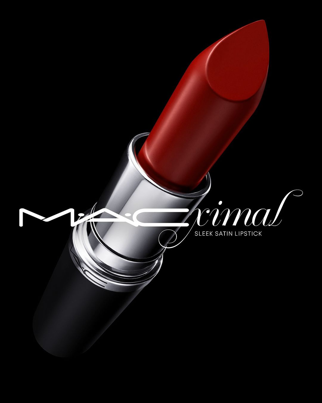 Close-up of a red lipstick tube by MAC Cosmetics against a black background, featuring the brand's logo and product name in white text.