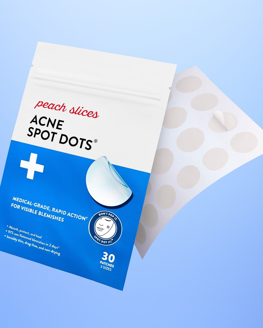 Acne spot treatment product showcasing a package of spot dots and a sheet of individual dots against a light blue background.