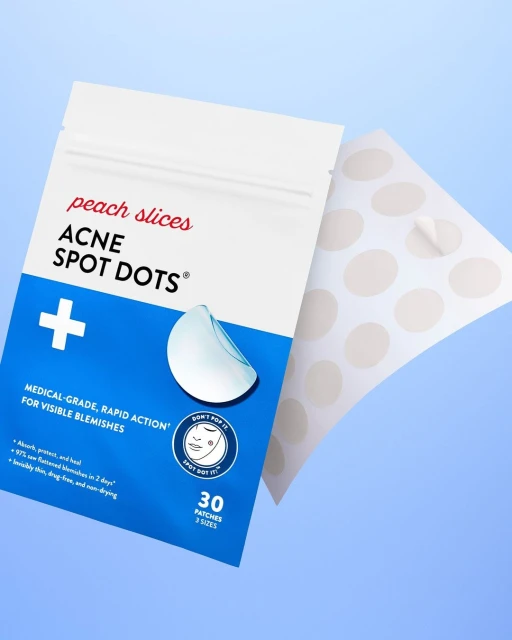 Acne spot treatment product showcasing a package of spot dots and a sheet of individual dots against a light blue background.