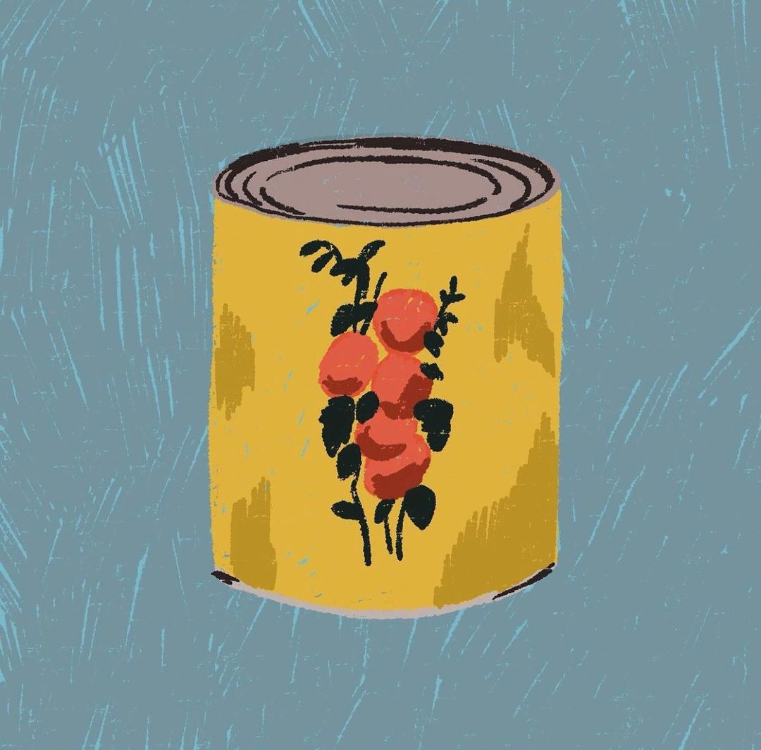 Illustration of a yellow tin can with an illustrated branch of red fruit and green leaves on a textured light blue background.