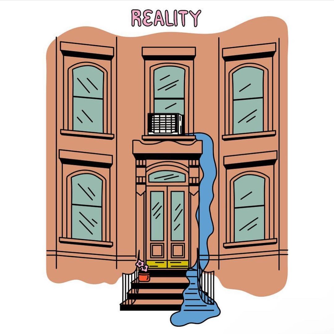 Illustration of a brownstone building with water flowing from an air conditioner, highlighting architectural detail and urban themes.