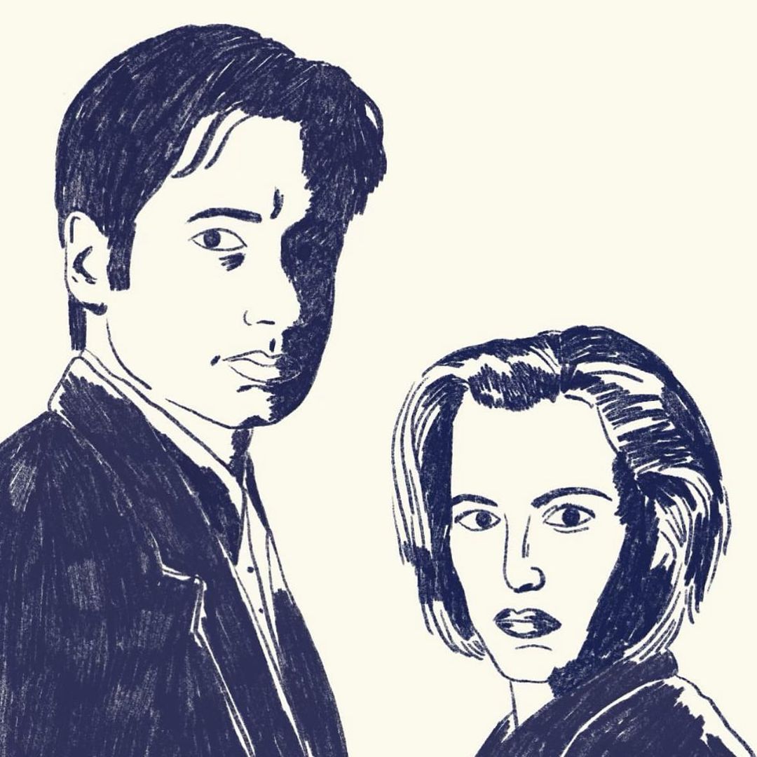 Ink drawing of two adults, one male and one female, facing forward. The drawing is primarily dark blue on an off-white background.