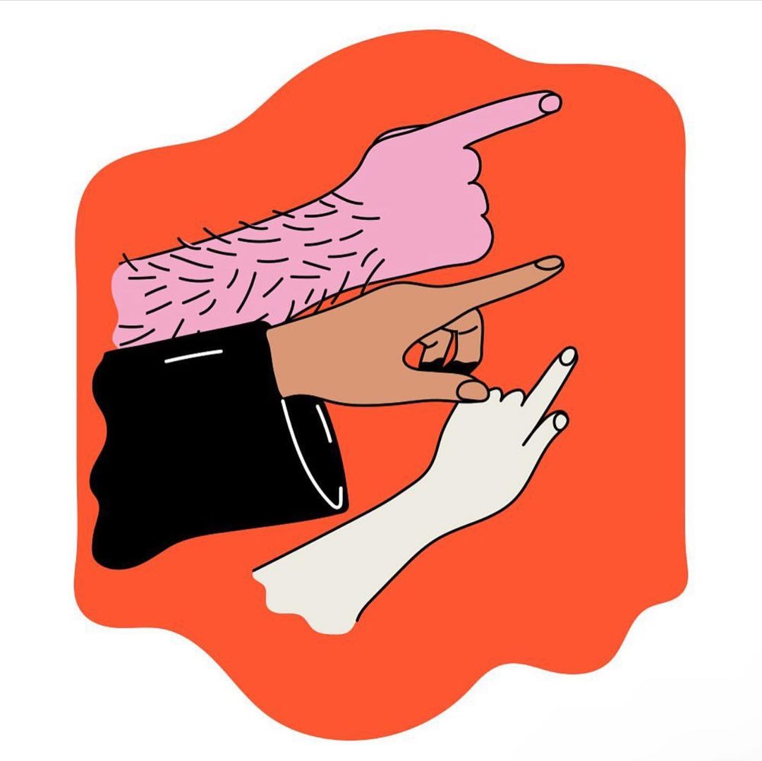 Illustration of three hands with different skin tones and textures pointing to the right against a red and white background.