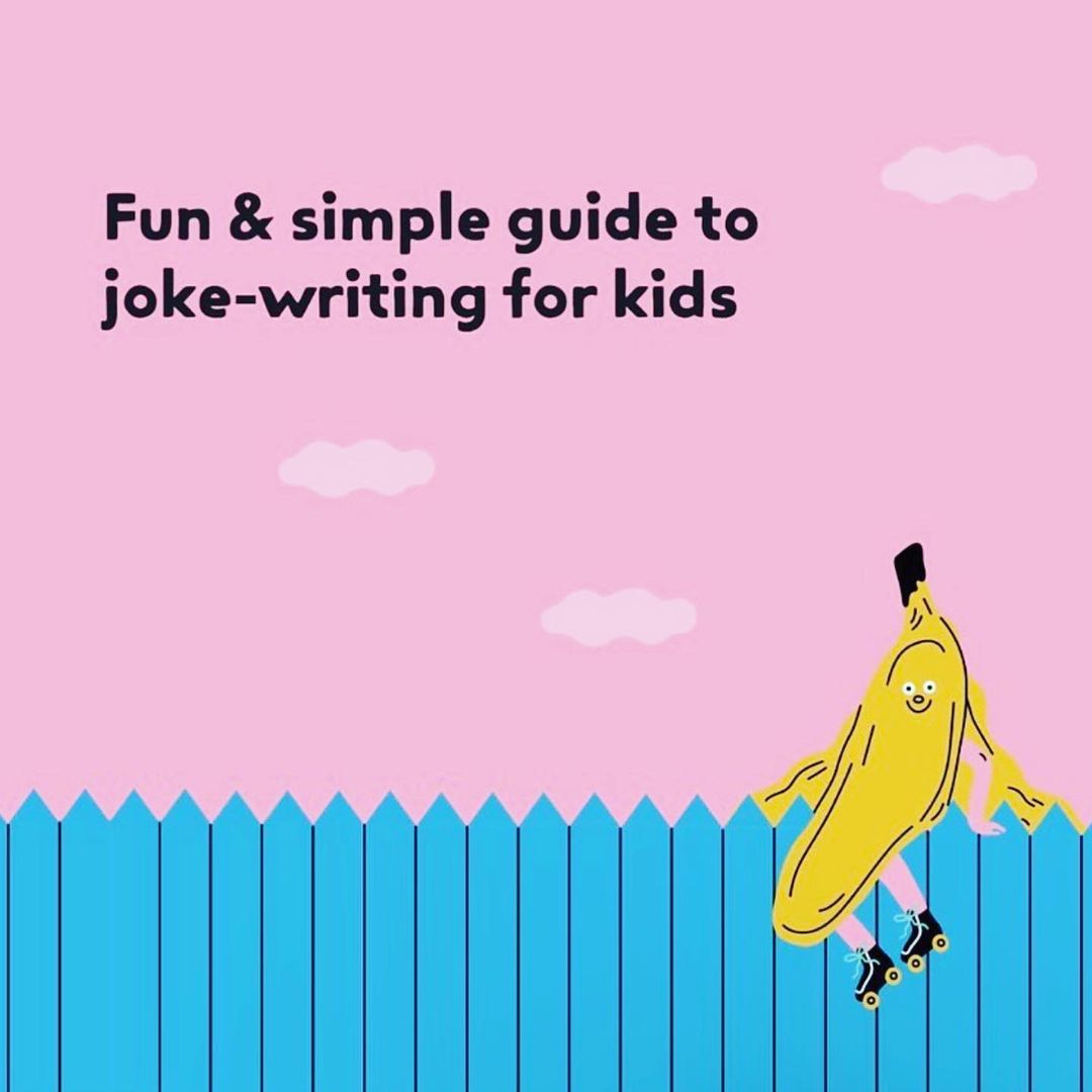 Illustration of a banana character on roller skates peeking over a blue fence against a pink background with playful typography.