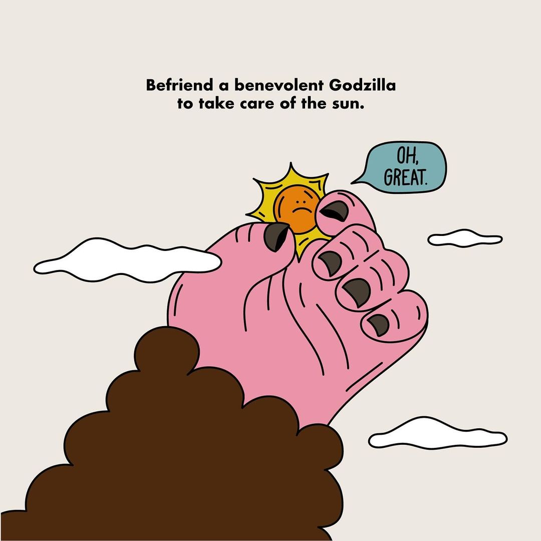 Whimsical illustration of a pink hand holding the sun, framed by clouds and the silhouette of a creature, against a neutral background.