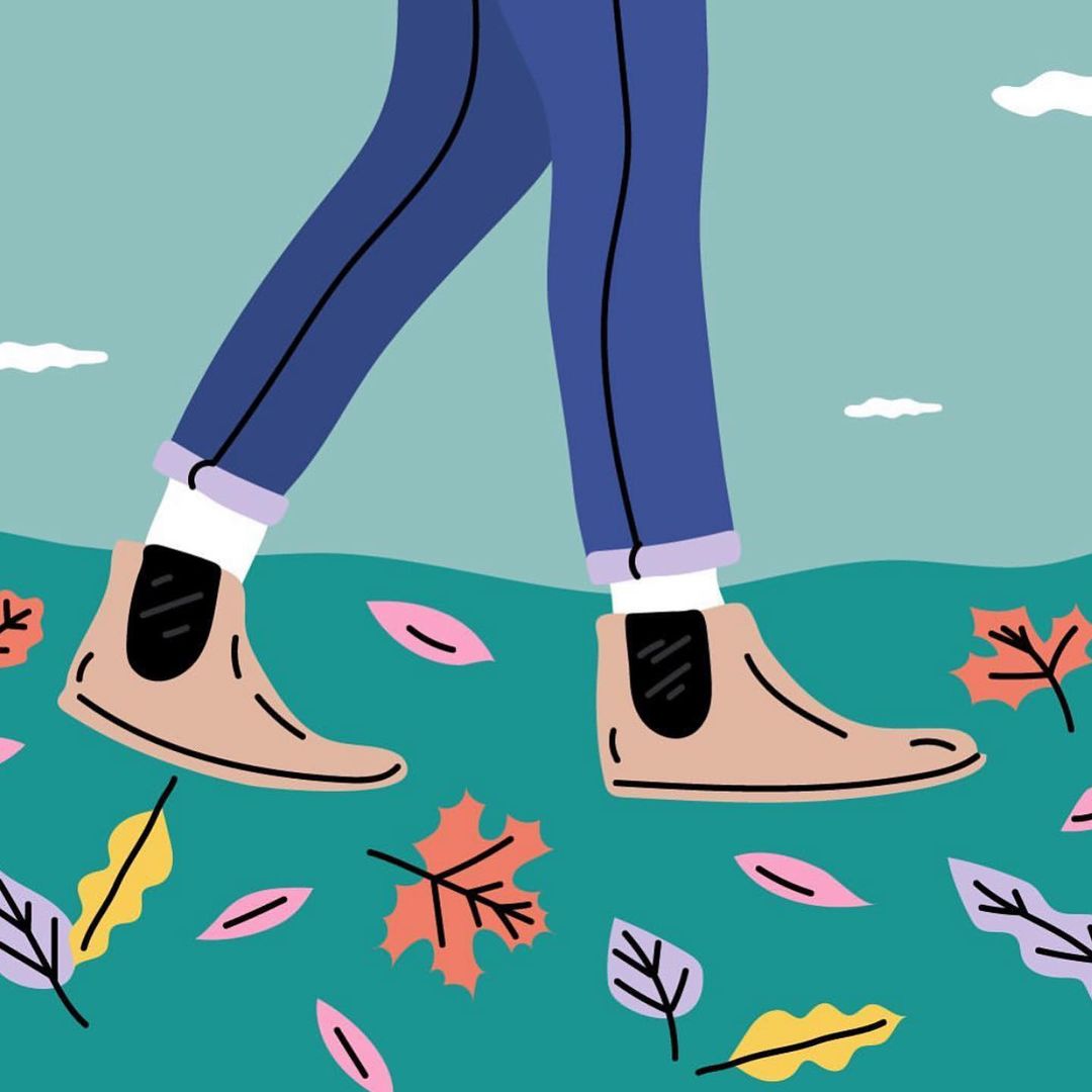 Illustration of a person walking in blue jeans and tan boots among fall leaves on a teal ground with a light blue sky backdrop.