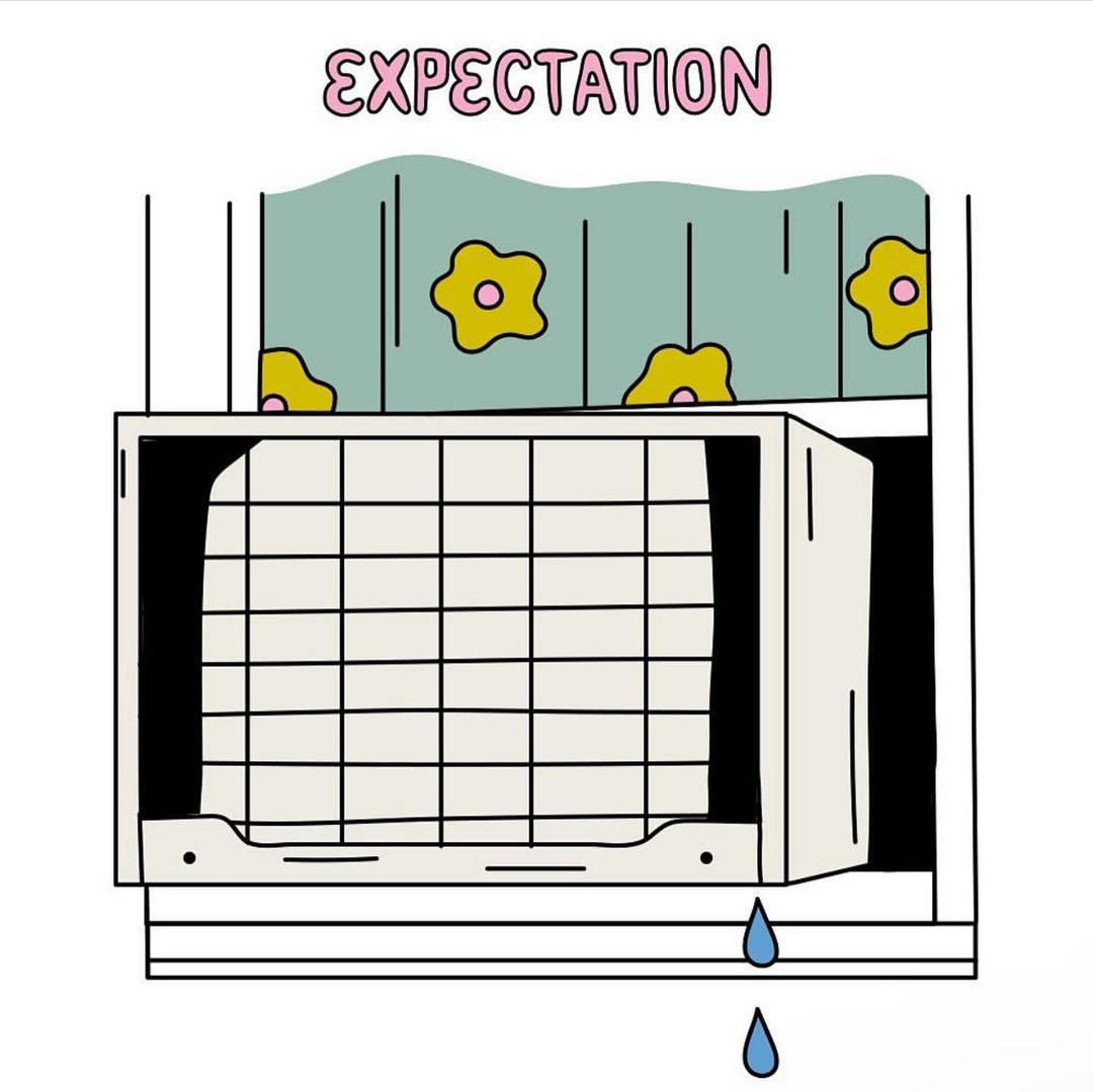 Illustration of a window air conditioning unit with water droplets, set against a light green background with yellow floral designs.