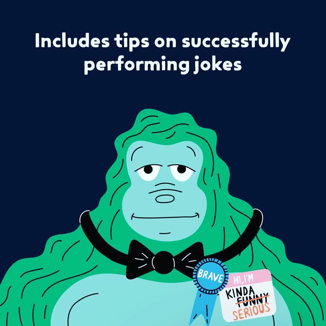 Illustration of a green cartoon gorilla wearing a bowtie and name tags on a dark blue background with joke-performing tips.