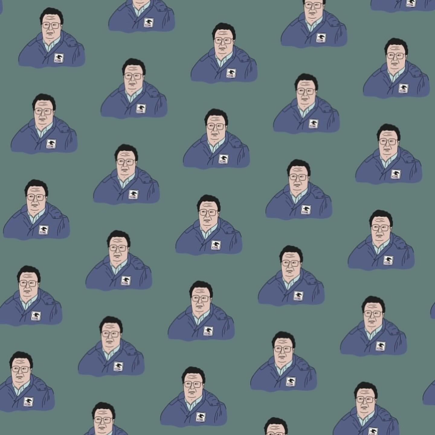 Illustration pattern featuring a man with dark hair, glasses, and a uniform on a muted green background, showcasing a repetitive design.