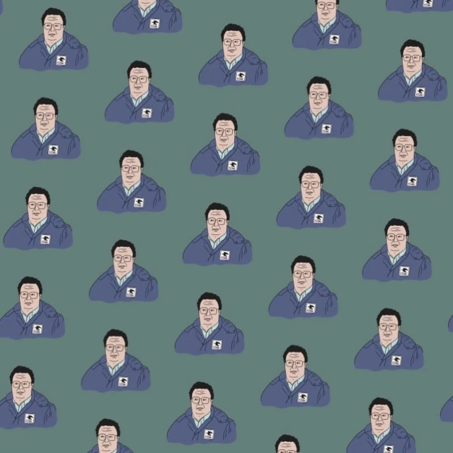 Illustration pattern featuring a man with dark hair, glasses, and a uniform on a muted green background, showcasing a repetitive design.