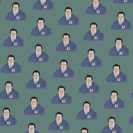 Illustration pattern featuring a man with dark hair, glasses, and a uniform on a muted green background, showcasing a repetitive design.