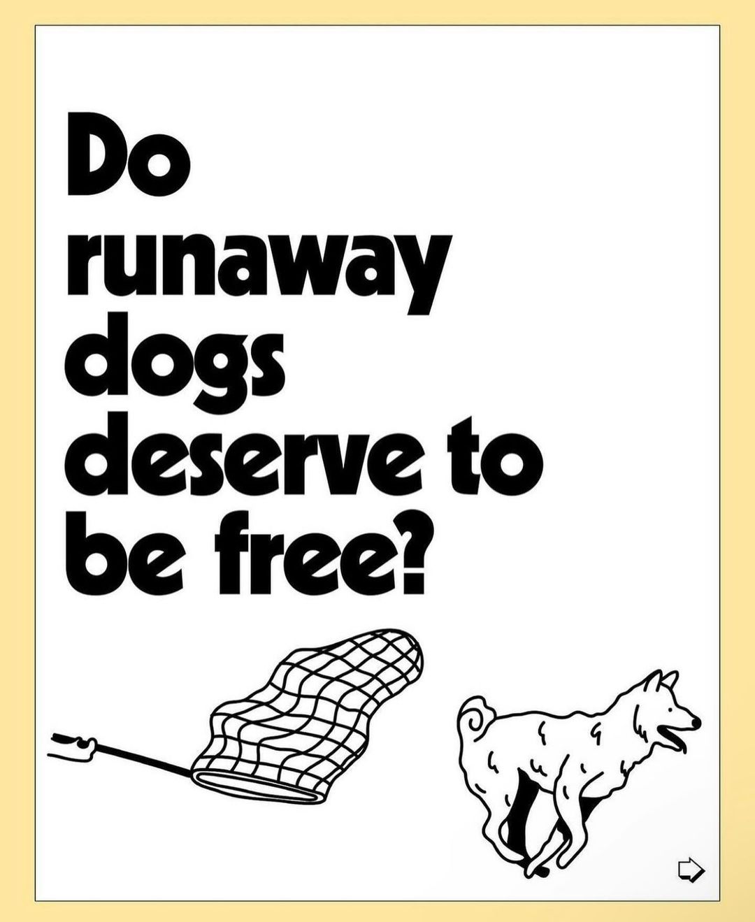 Illustration of a dog and net with the question 'Do runaway dogs deserve to be free?' in bold, black text on a white background.