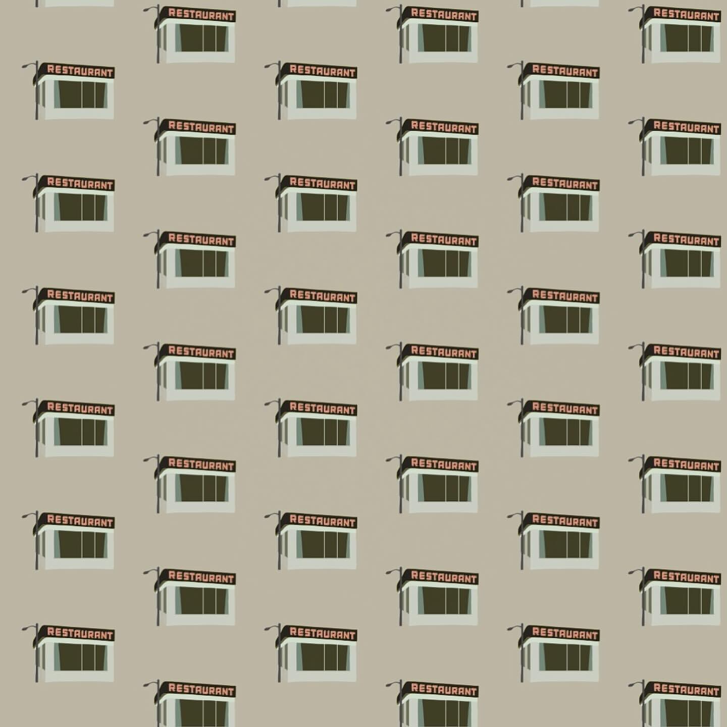 Pattern of repeating restaurant buildings with dark windows and signage against a neutral beige background. Architectural illustration.