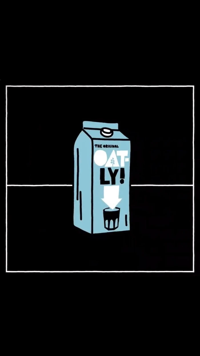 Illustrated blue oat milk carton with white typography centered on a black background