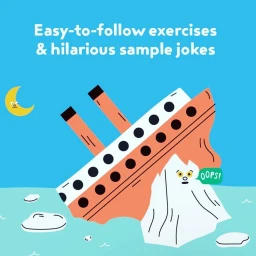 Digital illustration of a sinking orange ship crashing into a friendly white iceberg against a bright blue sky with a sleepy crescent moon