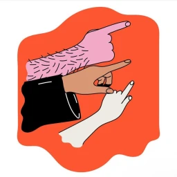 Digital illustration of three layered hands pointing in the same direction against an orange background by Rinee Shah