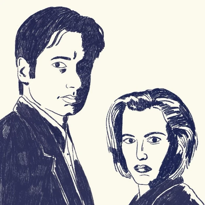 Blue ink ballpoint pen illustration of two people with dark hair against an off-white paper background