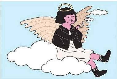 Digital illustration by Rinee Shah of an angel with dark hair and a halo smoking a cigarette while sitting on a fluffy white cloud.