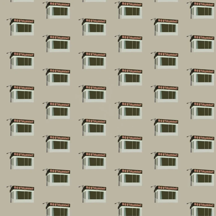 Digital illustration pattern featuring small diner buildings with restaurant signs on a light grey-green background.