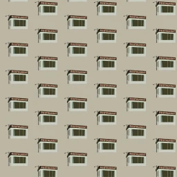 Digital illustration pattern featuring small diner buildings with restaurant signs on a light grey-green background.