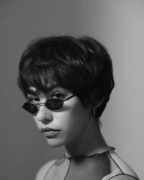 Close-up black and white portrait of a young woman wearing dark oval sunglasses and a sheer top with exposed seams by Rita Puig-serra.