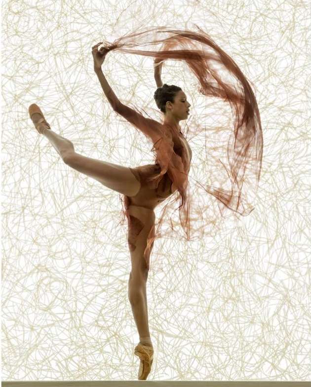 Elegant ballet dancer in brown attire strikes a pose with flowing fabric against a textured backdrop in a graceful dance performance.