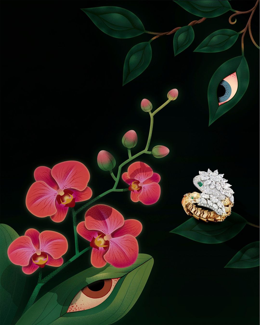 Jeweled snake ring nestled among red orchids and green leaves on a dark background in an illustrated style. Jewellery advertisement.