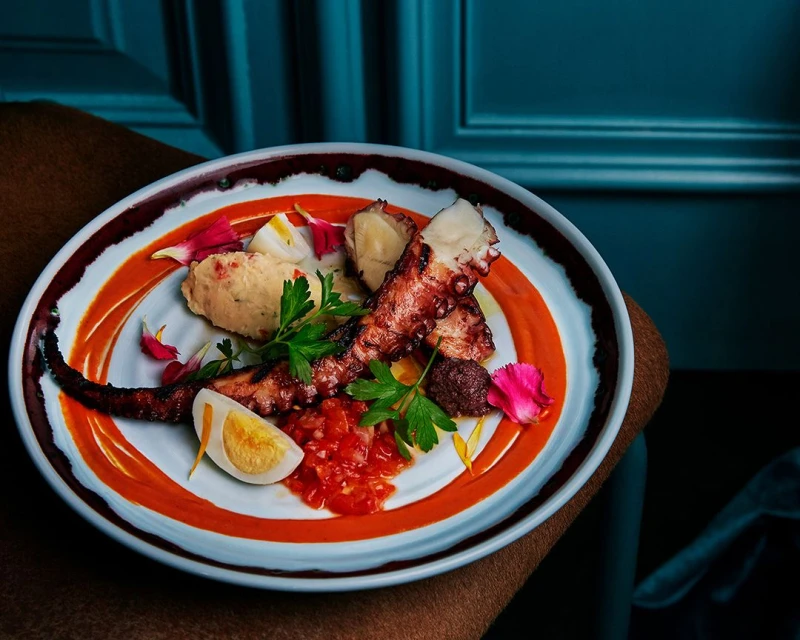 Overhead shot of octopus on a plate with garnishes, featuring boiled egg, mashed potato, and red sauce, set against a teal background.
