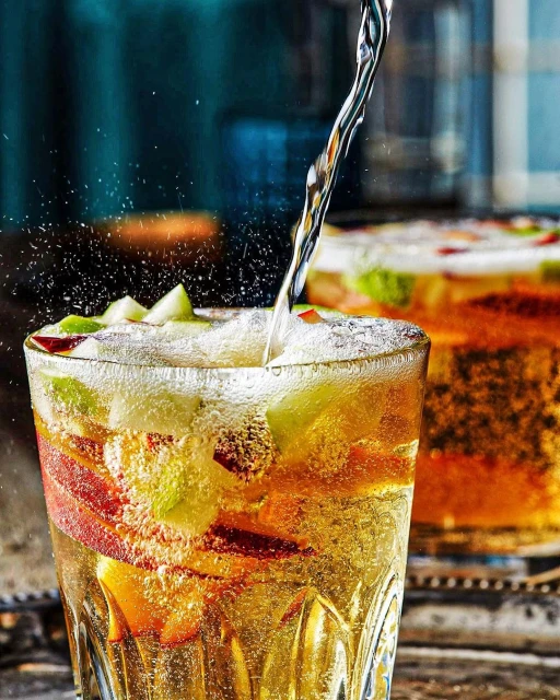 Pouring sparkling liquid into a glass filled with sliced apples and peaches, showcasing a refreshing drink with a bubbly texture.