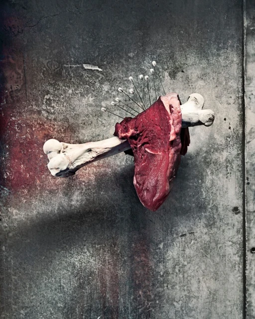 Raw meat on a bone pierced with white needles, set against a grunge grey wall. Striking studio shot showcasing textures and color.