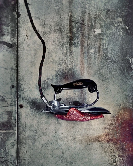 Close-up of vintage electric iron pressing raw meat against a textured grey wall, creating a surreal and unconventional image.
