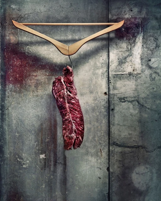 Raw meat hangs from a wooden hanger against a textured concrete wall, showcasing rustic food presentation and simple visual composition.
