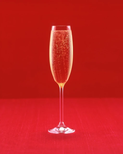 Elegant champagne flute filled with sparkling bubbly against a vibrant red backdrop, ideal for celebrations and festive occasions.