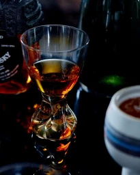 A clear hourglass-shaped glass filled with amber liquid sits on a reflective dark surface next to dark glass bottles.