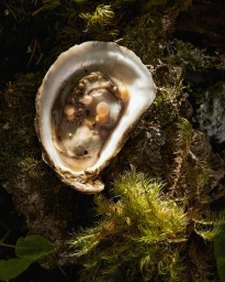 Close-up of a fresh shucked oyster shell resting on natural moss and tree bark textures