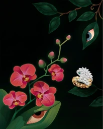 Surreal digital illustration of a diamond snake ring nestled among vibrant pink orchids and dark green leaves with hidden human eyes peeking out.