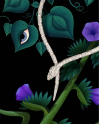 Diamond snake necklace draped over green vines with purple flowers and a leaf containing an eye against a black background.