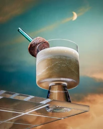 Cocktail in a heavy glass with a pastry garnish and straw against a sunset sky background
