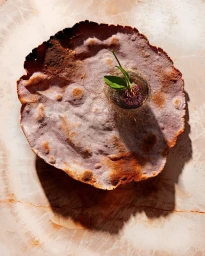 Round flatbread with textured purple and brown surface topped with a small nest and green leaves by Rob Fiocca.