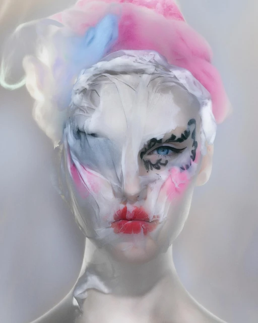 Artistic image of a woman with elaborate makeup, translucent plastic wrap, and a pastel floral headpiece against a soft grey background.
