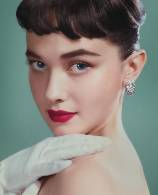 Close-up portrait of a young woman with dark hair, fair skin, and red lipstick, wearing white gloves and earrings against a light green background.