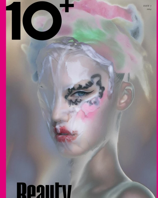 Magazine cover featuring a person with face makeup and decorative head covering, artistic beauty portrait with beauty and fashion elements.