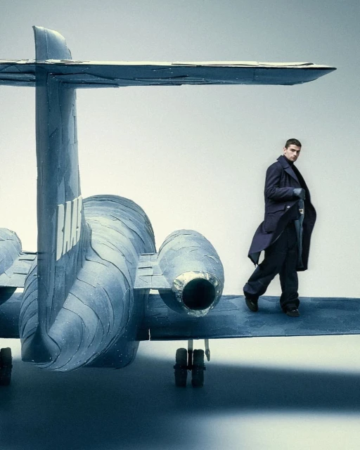 An adult male stands on the wing of a blue airplane against a gradient white backdrop, wearing a navy trench coat and dark trousers.