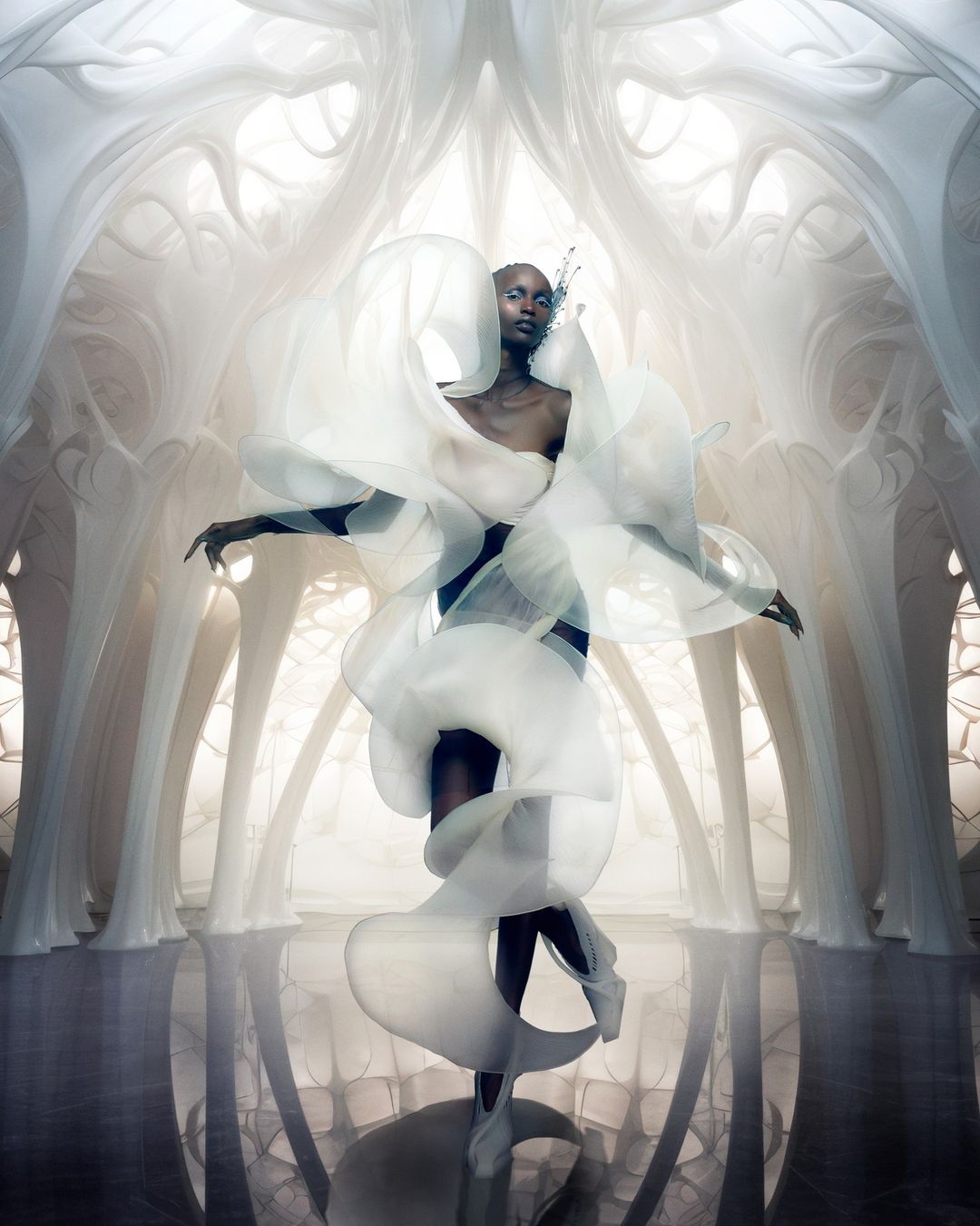 Elegant black female model in an ethereal white dress and ballet shoes strikes a pose in a white architectural indoor setting.