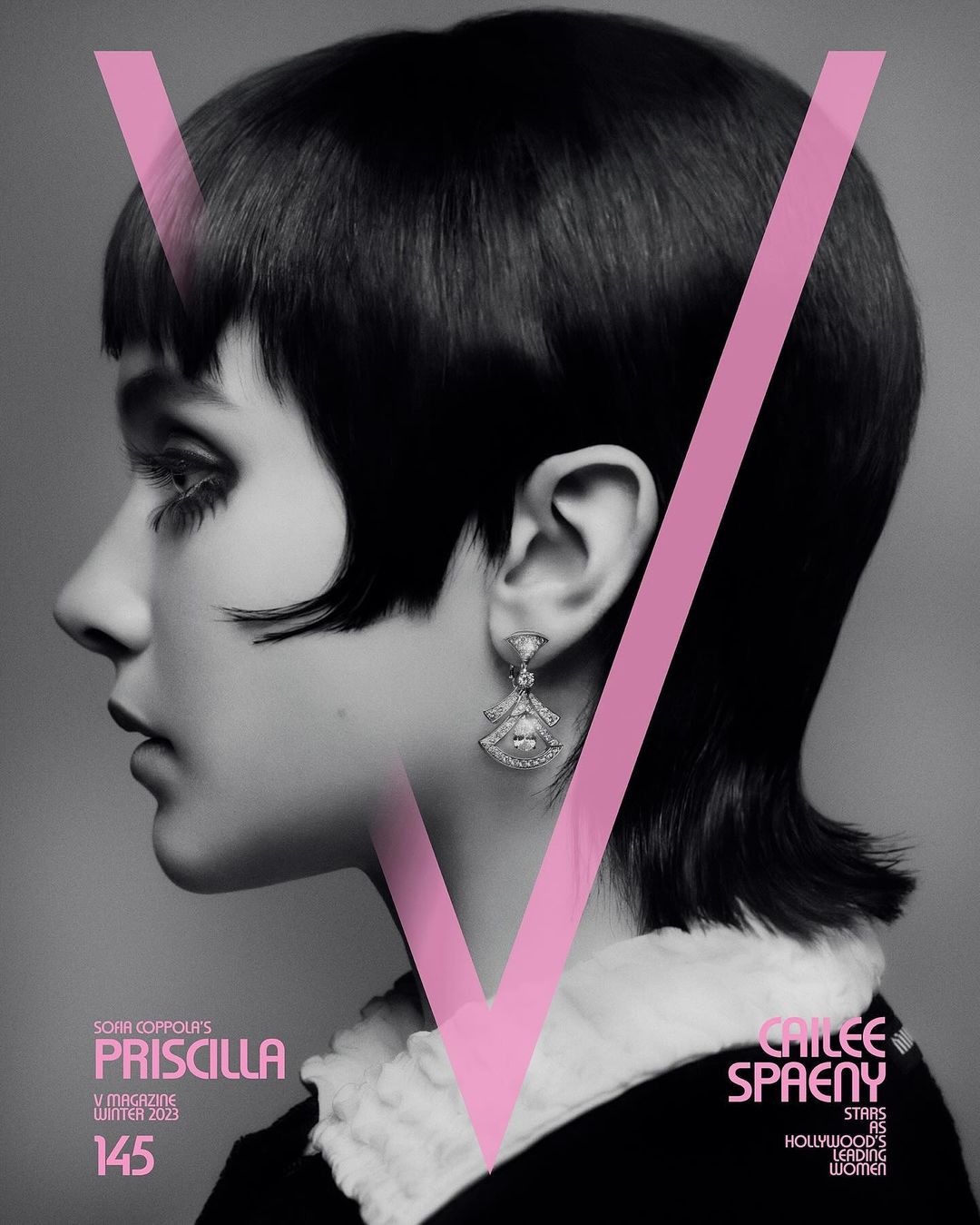 Black and white portrait of actress Cailee Spaeny on the cover of V Magazine, with a large pink letter 'V' superimposed on the image.