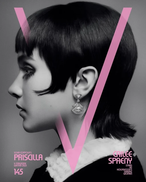 Black and white portrait of actress Cailee Spaeny on the cover of V Magazine, with a large pink letter 'V' superimposed on the image.
