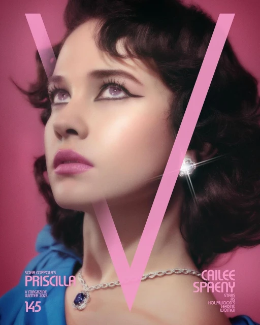 V Magazine cover featuring Cailee Spaeny with dark curly hair, purple makeup, and a diamond necklace, against a pink backdrop.